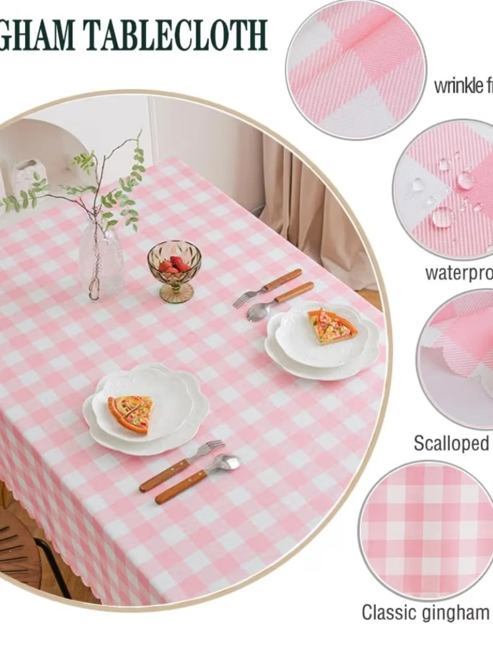 Pink Gingham Waterproof Tablecloth Size 84 X 60